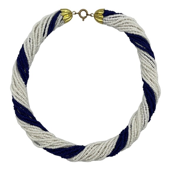 Vintage Vista By Richelieu Beaded Necklace Choker White Navy Blue Twisted w/Box - Picture 3 of 9